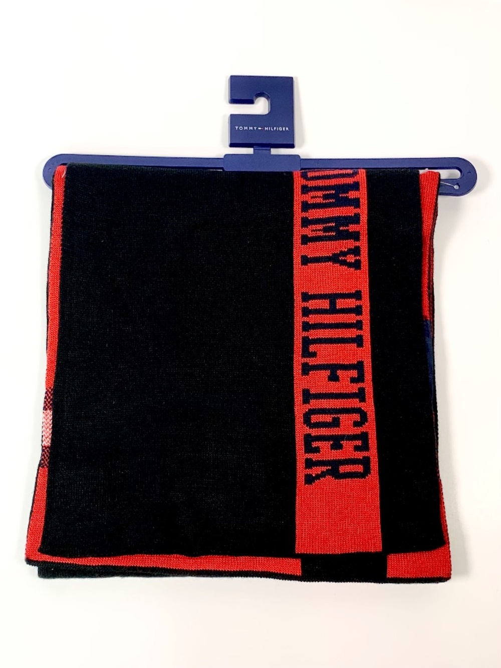Men’s Classic Tommy Hilfiger Logo Black Red Stripe Knit Scarf Unisex Fall Cozy